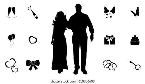 Black vector illustration silhouette with wedding icons