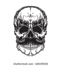 Black vector illustration of skull with mustache and eyebrows. Isolated on white background.