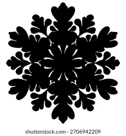 Black vector illustration of a snowflake silhouette isolated on white background. Minimal winter ornament design for Christmas decorations, greeting cards, wrapping paper, stickers, prints. EPS 10