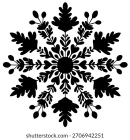 Ilustración vectorial negra de una silueta del copo de nieve aislada en el fondo blanco. Diseño mínimo del ornamento del invierno para las decoraciones de la Navidad, tarjetas de felicitación, papel de embalaje, pegatinas, impresiones. EPS 10
