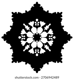 Ilustración vectorial negra de una silueta del copo de nieve aislada en el fondo blanco. Diseño mínimo del ornamento del invierno para las decoraciones de la Navidad, tarjetas de felicitación, papel de embalaje, pegatinas, impresiones. EPS 10