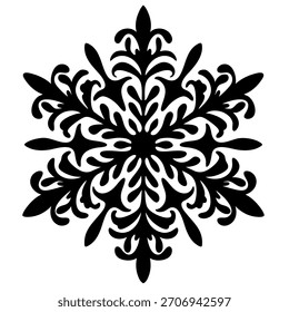 Ilustración vectorial negra de una silueta del copo de nieve aislada en el fondo blanco. Diseño mínimo del ornamento del invierno para las decoraciones de la Navidad, tarjetas de felicitación, papel de embalaje, pegatinas, impresiones. EPS 10