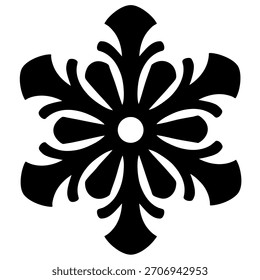 Black vector illustration of a snowflake silhouette isolated on white background. Minimal winter ornament design for Christmas decorations, greeting cards, wrapping paper, stickers, prints. EPS 10