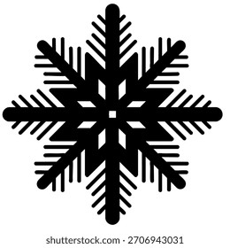 Ilustración vectorial negra de una silueta del copo de nieve aislada en el fondo blanco. Diseño mínimo del ornamento del invierno para las decoraciones de la Navidad, tarjetas de felicitación, papel de embalaje, pegatinas, impresiones. EPS 10