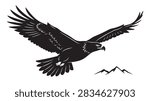 Black vector illustration of a soaring eagle in flight above mountain peaks on white background.