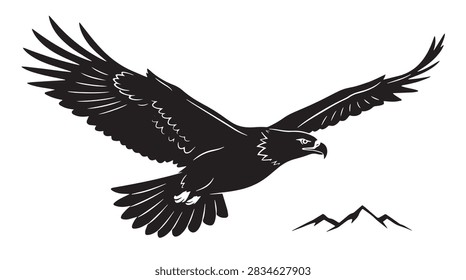 Black vector illustration of a soaring eagle in flight above mountain peaks on white background.