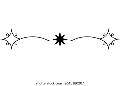 Black vector illustration of a starburst with curved lines and small circles forming a decorative divider on a white background. The style is simple and elegant.