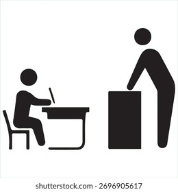 Ilustração vetorial preta de um aluno sentado em uma mesa com um laptop e um professor de pé nas proximidades. Símbolo educacional simples que representa aprendizagem, treinamento ou interação em sala de aula
