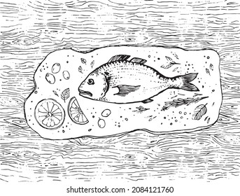 Black vector illustration in the style of hand drawing with ink and pencil. Drawing for a fish restaurant, menu, poster, culinary blog featuring fish on a cutting board and cooking ingredie