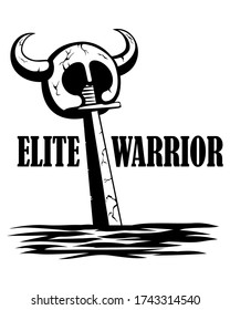 Black vector illustration of a sword stick on the battlefield With a warrior helmet is hanging. It has a white background.