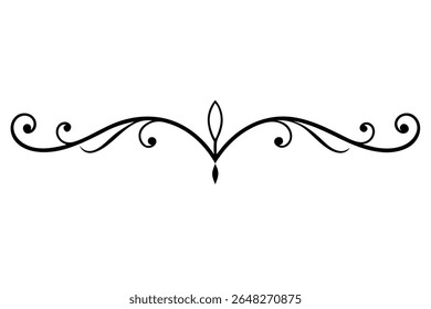 Um vetor preto ilustração de um elemento de design curlicue simétrico contra um fundo branco O design apresenta curvas fluindo e redemoinhos criando um efeito elegante e decorativo