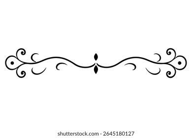 A black vector illustration of a symmetrical decorative element featuring swirling lines and floral motifs against a white background. The style is reminiscent of 19th-century design.