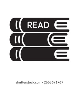 Black vector illustration of three stacked books with the word R E A D on the top book read reading