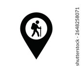 A black vector illustration of a trailhead marker icon against a white background The icon depicts a hiker with a backpack and walking stick inside a circular shape within a pin-like marker