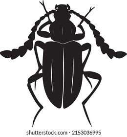 Black vector illustration of a tropical beetle. The insect is a pest of forests and gardens. Drawing for tattoo