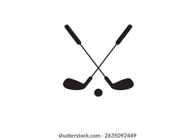 Black vector illustration of two crossed golf clubs with a golf ball in a clean and bold silhouette style. Ideal for sports designs, golfing event promotions, club logos, athletic infographics
