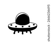 Black vector illustration of a UFO flying saucer, isolated on white, perfect for alien, science fiction, space mystery, and extraterrestrial-themed designs