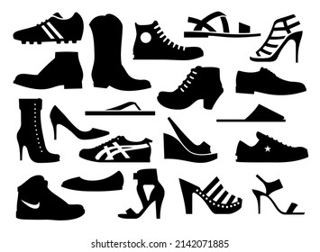 black vector illustration of various kinds of shoes