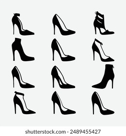 black vector illustration of various kinds of shoes. group of different footwear and footsteps illustration. Women shoes vector in black