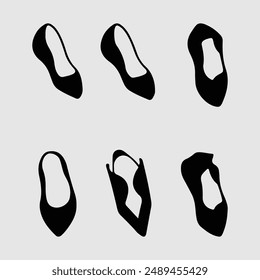 black vector illustration of various kinds of shoes. group of different footwear and footsteps illustration. Women shoes vector in black