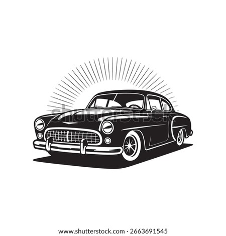 Black vector illustration of a vintage coupe car with sunburst white