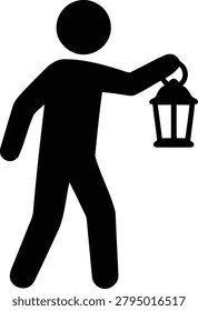 Black vector illustration of a walking stick figure person holding a hanging lantern, symbolizing guidance, exploration, or searching for something important.