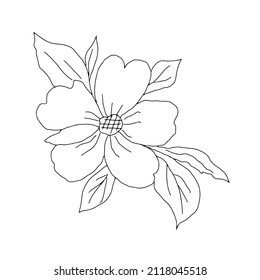 A Black Vector illustration of a wild rose flower with leaves isolated on a white background