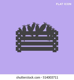 Black vector illustration of a wooden box with isolated carrots icon on ink background