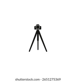Black vector image illustrating a simple camera mounted on a tripod, presented against a clean white background. Ideal for photography or creative projects.