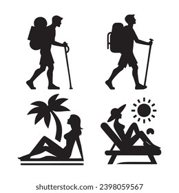 Black vector isolated icons silhouettes set of traveling and vacationing people. A person with a backpack hiking, a women sunbathing on a beach lounger, and a traveler. Isolated silhouettes on white.