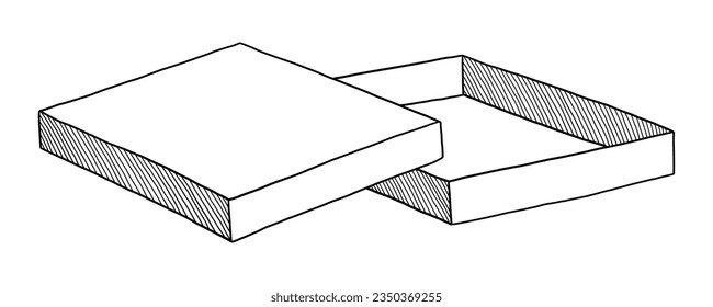 BLACK VECTOR ISOLATED ON A WHITE BACKGROUND DOODLE ILLUSTRATION OF AN OPEN CARDBOARD PIZZA BOX