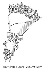 BLACK VECTOR ISOLATED ON A WHITE BACKGROUND DOODLE ILLUSTRATION OF A BOUQUET WITH ROSES