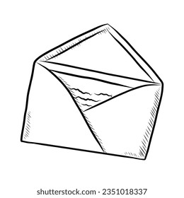 BLACK VECTOR ISOLATED ON A WHITE BACKGROUND DOODLE ILLUSTRATION OF AN ENVELOPE WITH A LETTER