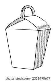 BLACK VECTOR ISOLATED ON A WHITE BACKGROUND DOODLE ILLUSTRATION OF A CLOSED CARDBOARD BOX FOR FAST FOOD AND CHINESE FOOD