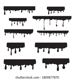 Black vector isolated silhouette of dripping flowing paint, sauce, syrup. Liquid splash, trickle of leak drop.