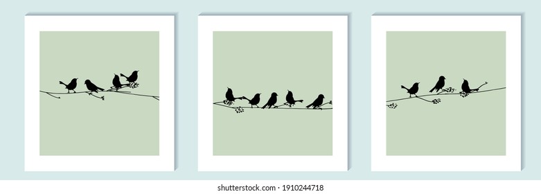black vector isolated silhouettes of small birds on a colored background in the style of a wall panel.paintings, triptych.trendy style, minimalism