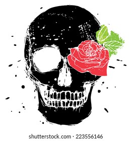 Black vector isolated skull with red rose and green leaves, illustration in grunge design style