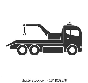 Black vector isolated tow truck icon on white background. Variant of automobile body silhouette for web site.