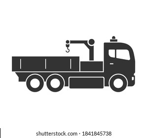 Black vector isolated truck manipulator icon on white background. Variant of automobile body silhouette for web site.