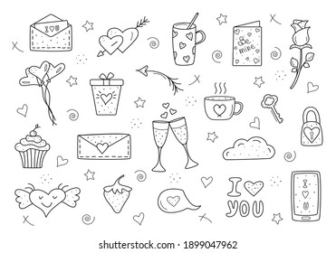Black vector items, set Valentine's day and weddings icons doodle. Design for prints, cards and coloring page.