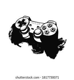 Black vector joystick isolated. Abstract illustration, print design for t-shirt, poster. Grunge style, hand-drawing.