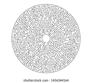 Black vector labyrinth in flat style on an isolated white background. Round maze puzzle. A game for the of logic, intelligence, find the way exit from the circle.