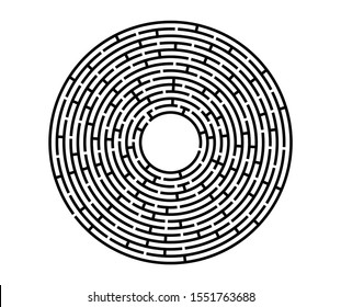 Black vector labyrinth in flat style on an isolated white background. Round maze puzzle. A game for the of logic, intelligence, find the way exit from the circle.