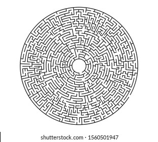 Black vector labyrinth in flat style on an isolated white background. Round maze puzzle. A game for the of logic, intelligence, find the way exit from the circle.