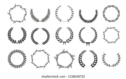 Black vector laurel wreaths on white background. Set of foliate award wreath for cinema festival.Vector illustration.