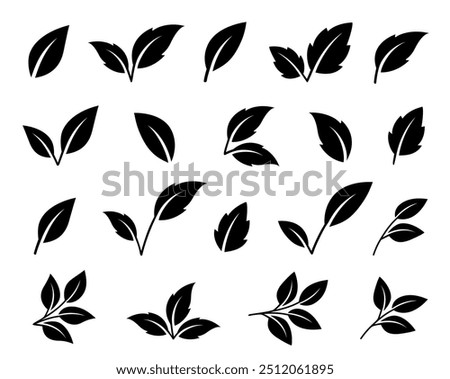 black vector leaf set icons with branchess and letter v