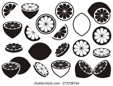 Black vector lemon icons isolated on white background