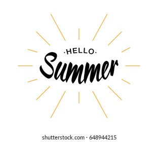 Black Vector Lettering Hello Summer with yellow sun rays isolated on white background.  Fun summer typographic design logo for t-shirt, poster, flayer.