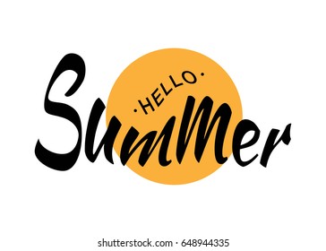 Black Vector Lettering Hello Summer with yellow sun circle isolated on white background.  Fun summer typographic design logo for t-shirt, poster, flayer.