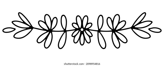 black vector line art element design with plant motif branch with leaves, divider and decoration for text, greeting cards, pages, business cards, printed and web products